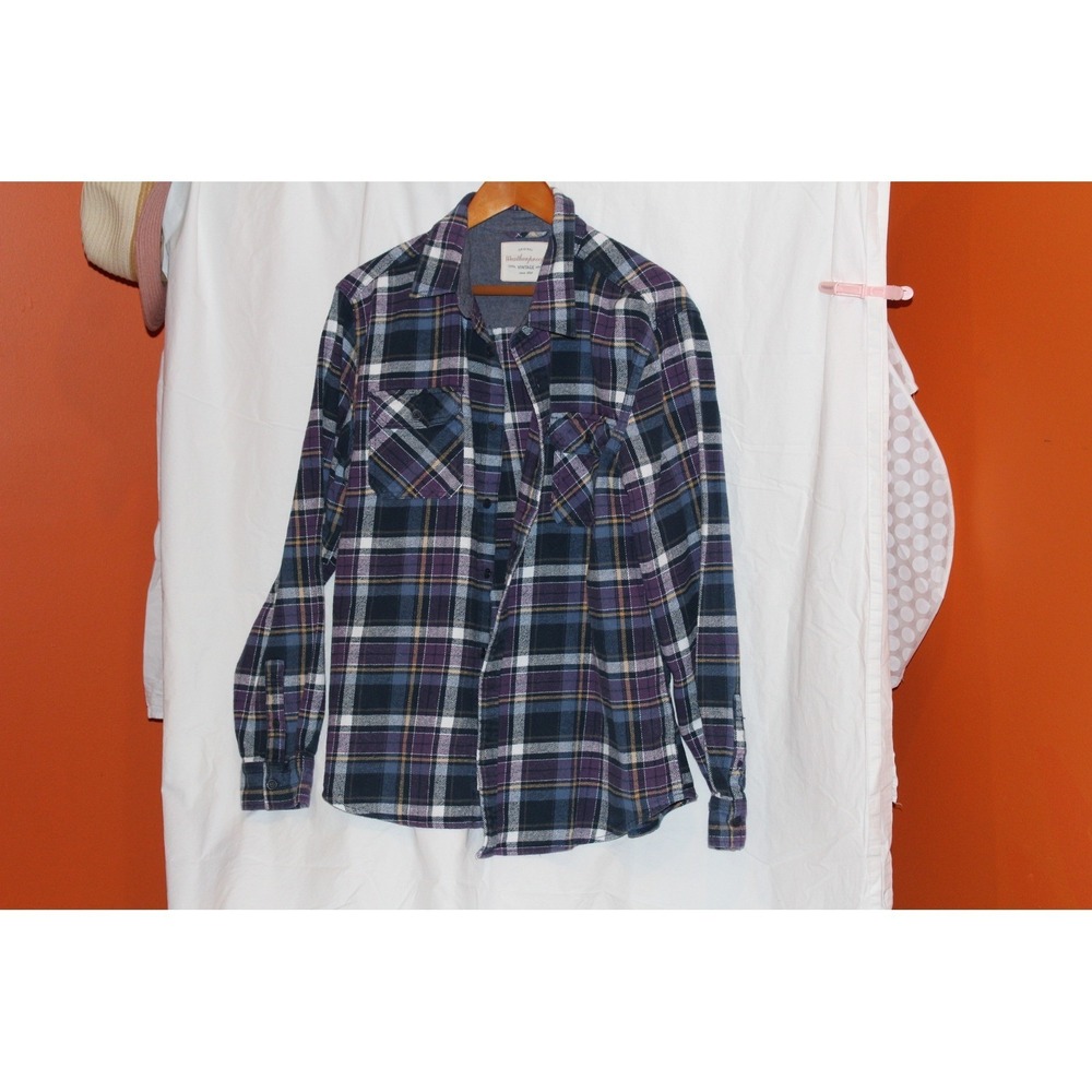 Weatherproof Vintage Mens XL Flannel Shirt Plaid Purple Navy Blue Cotton Button